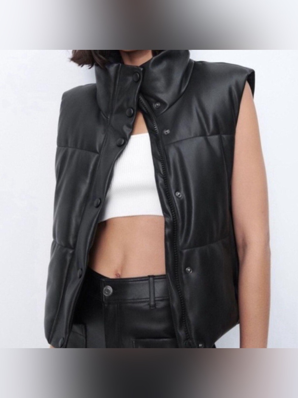 Zara Black Faux Leather Puffer Vest